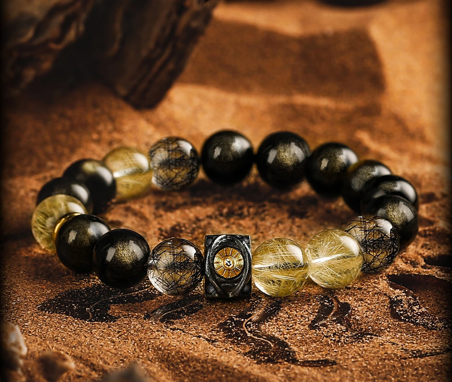 [Demon's Eye] Obsidian Bracelet for Boys, Niche Gold Black Rutilated Quartz Bracelet Beads