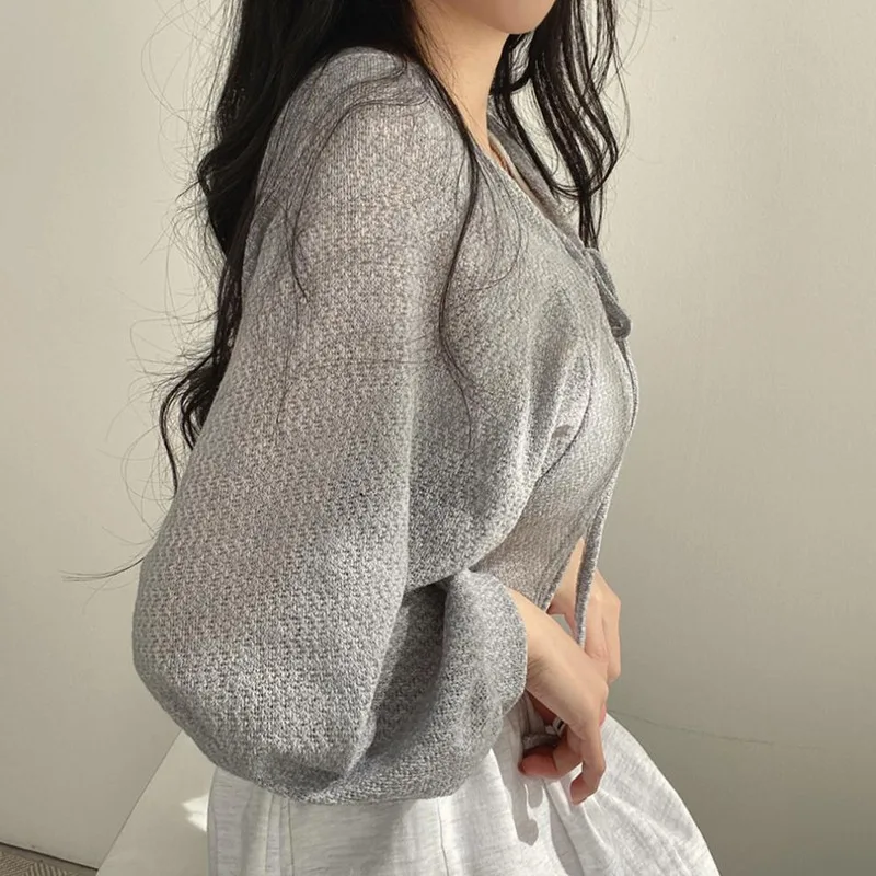 Thin Solid Color Short Sun Protection Cardigan Korean Style Coat Lantern Sleeves Versatile Vintage Lace up Sweater Blouse