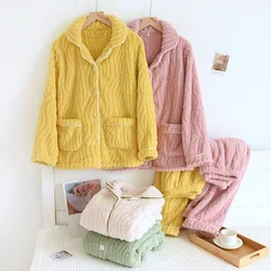 Winter new women's long-sleeved trousers pajamas two-piece coral fleece thickened suit ladies flannel candy color home wear