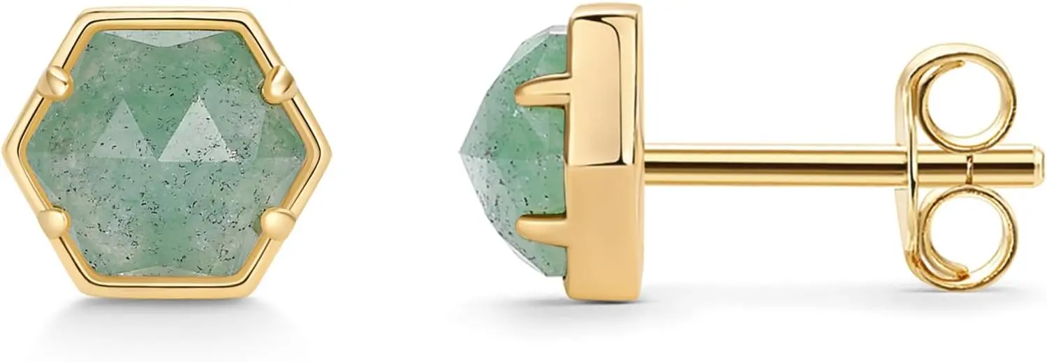 

14K Gold Plated Hexagon Gemstone Stud Earrings for Women | Natural Birthstone Earring Pair
