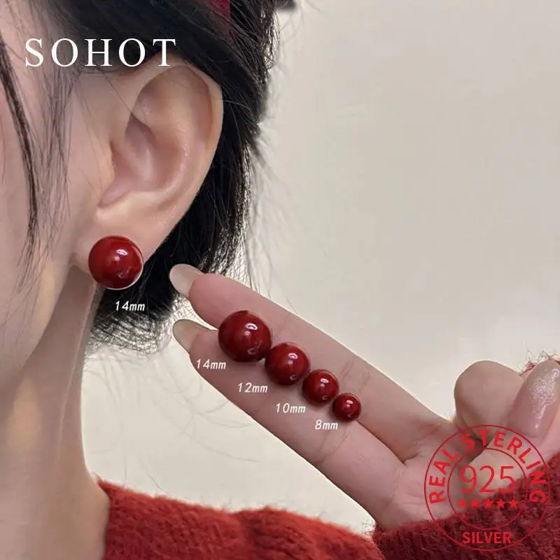 Real 925 Sterling Silver 8/10/12/14mm Red Round Bead Stud Earrings For Charm Women Vintage Fine Jewelry Personality Accessories