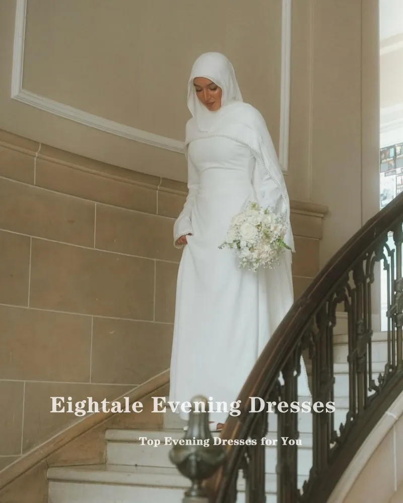 Eightale Arabisches Hochzeitskleid, maßgeschneidert, Elfenbein, O-Ausschnitt, Perlen, Brautkleid, lange Ärmel, Perlen, muslimisches Meerjungfrau-Braut-Partykleid