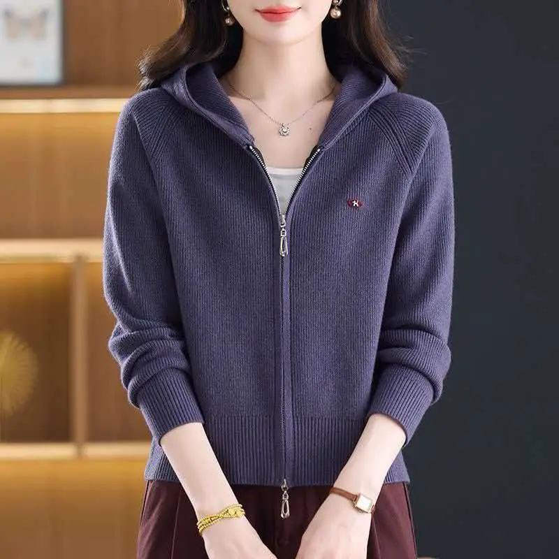 Women Hooded Zip Up Knit Sweater Loose Lazy Solid Color Short Outerwear Casual Fashion