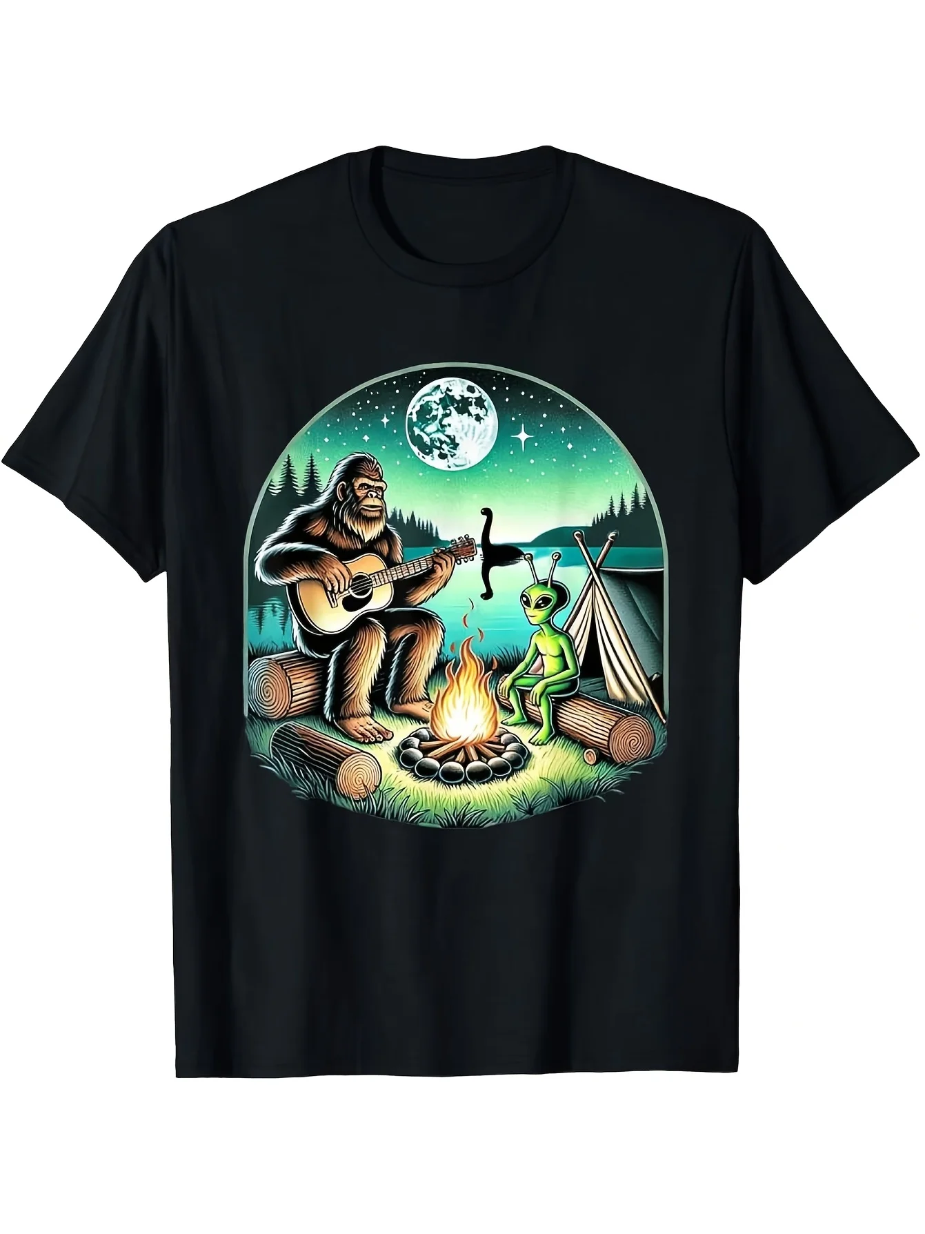 2026 Alien and Bi-Foot Loch Ness Campfire Sasquatch Guitar Graphic T-Shirt, Unisex Casual Sleep Top, Crew Neck, Slight Stretch,