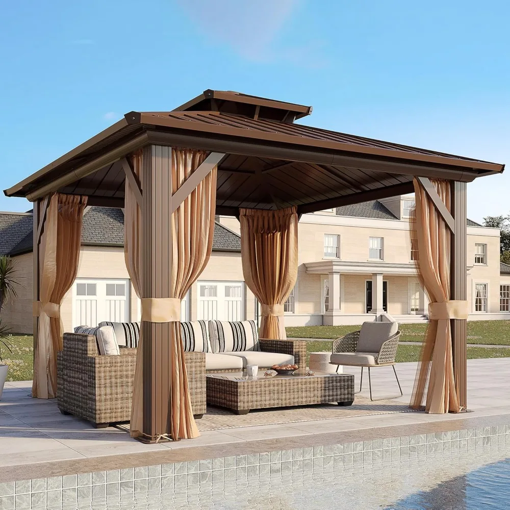 

10' x 10' Gazebo Hardtop with Aluminum Frame,Galvanized Steel Double Roof Gazebos with Curtain and Netting,Outdoor Metal Pergol
