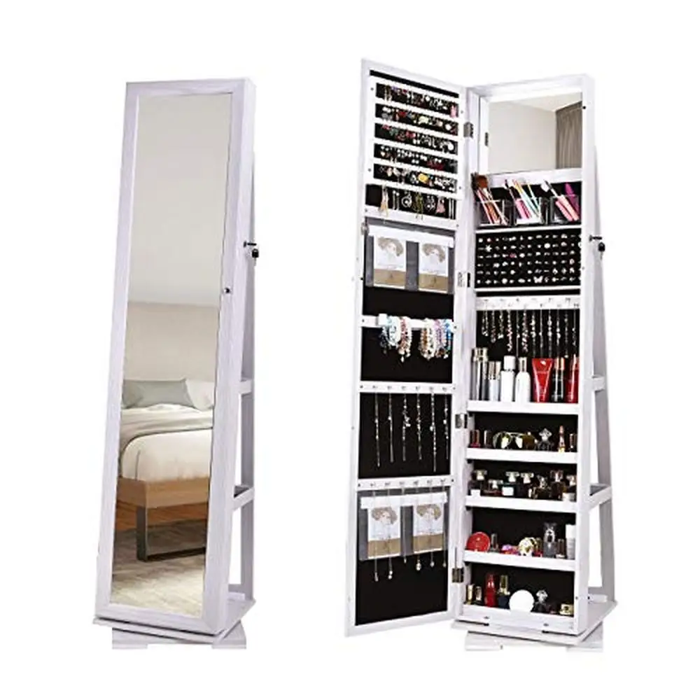 Rotating Mirror Jewelry Armoire Organizer with Lockable Storage Space