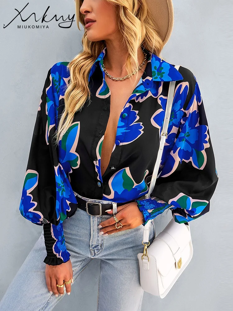 MiuKoMiYa Women Floral Print Lantern Sleeve Shirts Long Sleeve Tops Summer Oversized Apricot Blouse For Women Office 2023