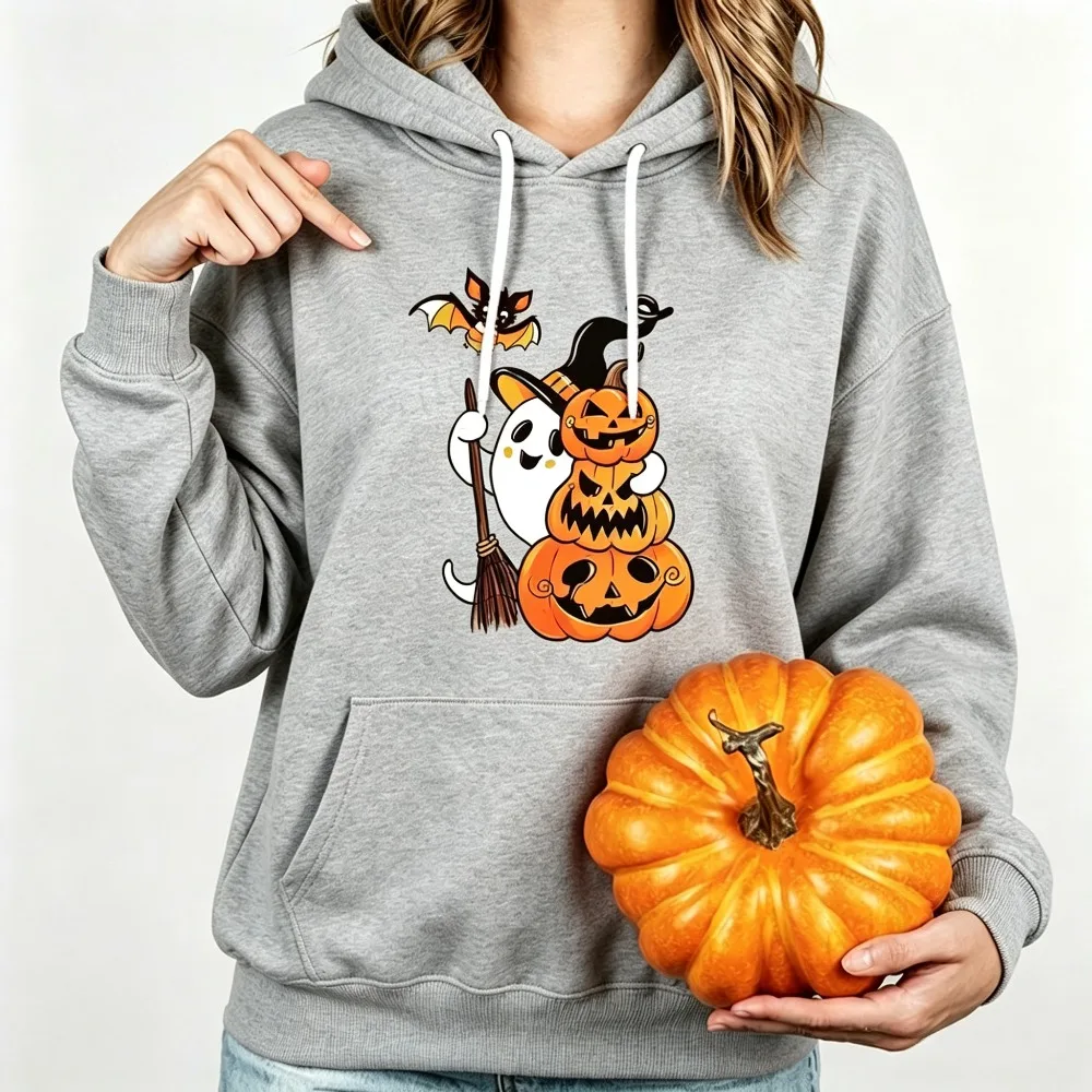 Cute Ghost Pumpkin Bat Halloween Graphic Men Hoodie Casual Fall Autumn Pullover Long Sleeve Sweatshirt