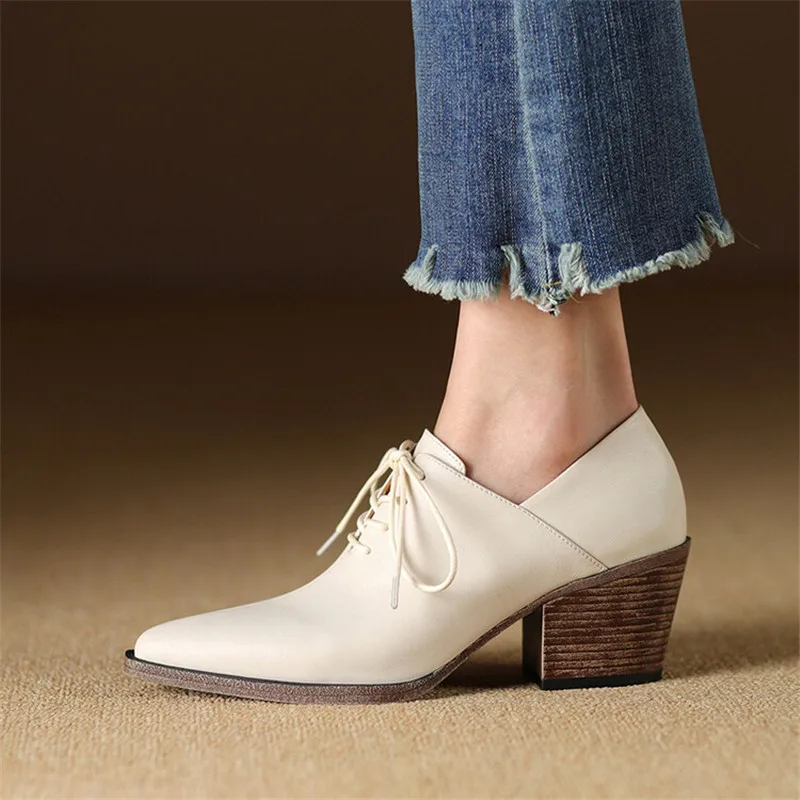 New Spring Genuine Leather Women Shoes Pointed Toe Women Pumps Fashion High Heel Loafers Shoes for Women Chunky Heel Shoes Black