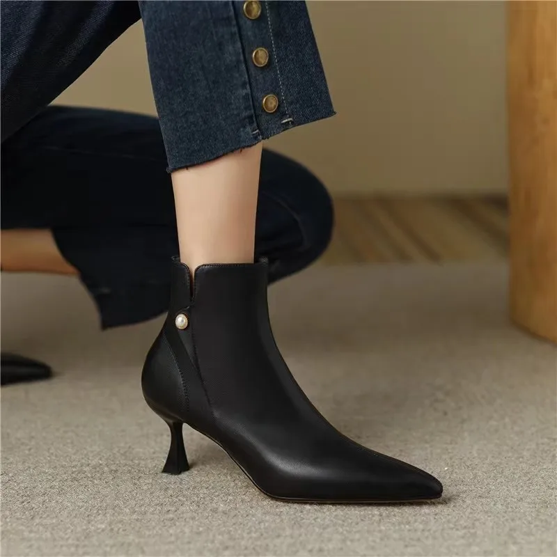 

Women Ankle Boots Leather 6cm Thin Heels Side Zip Pointed Booties Ladies Casual Shoes Woman Size 40