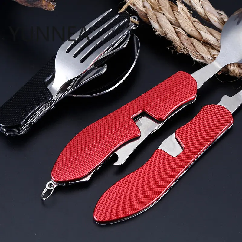 4 In 1 Outdoor Tableware Set Camping Cooking Supplies Stainless Steel Spoon Folding Pocket Kits Picnic Hiking Travel Tools