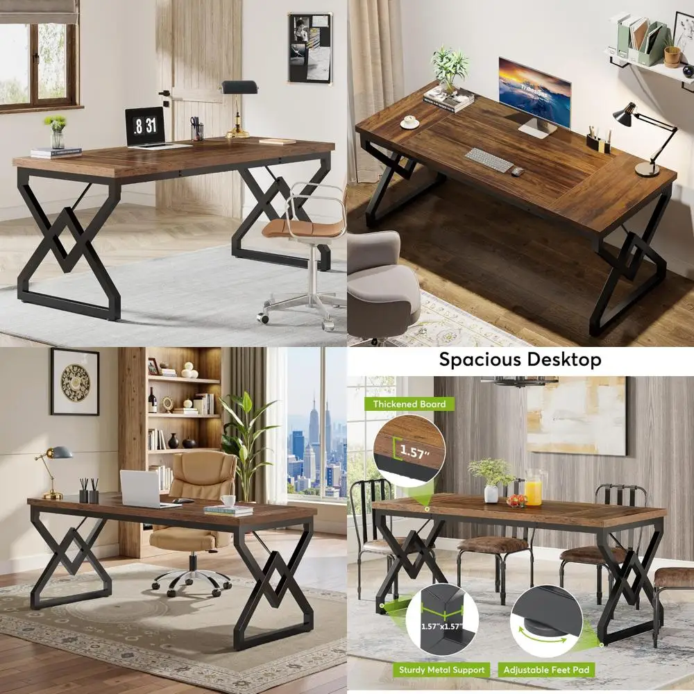 

63-inch Large Office Computer Desk with Thick Wooden Top and Metal Frame, Modern Simple Design