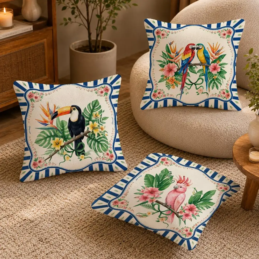 Tropical Birds Flowers Pattern Cushion Cover Soft Short Plush Pillow Case Double Sided Print Washable Sofa Bed Home Decor Gift