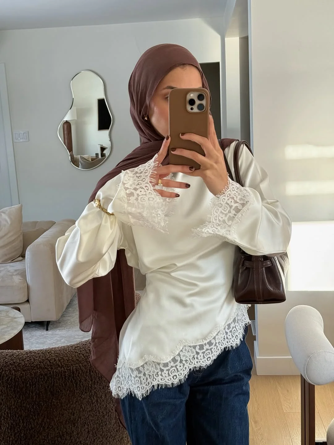 Elegant Satin Lace Patchwork Top Women O-Neck Loose Long Sleeve