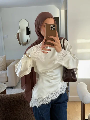 Satin Lace Patchwork Long Sleeve Top