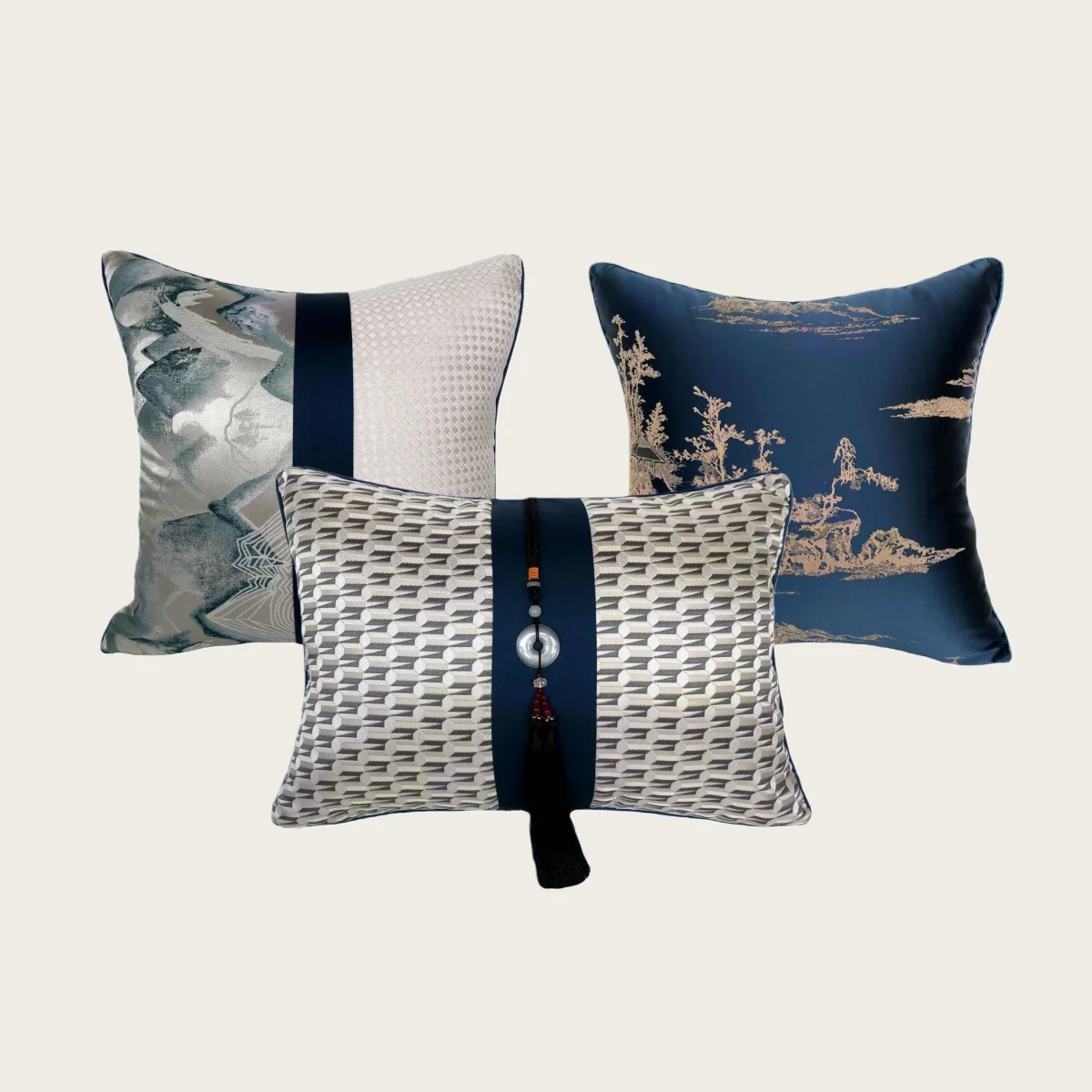 Blue Landscape Pillow Cover with Tassels White Grid/ Splash-Ink Patchwork Cushion Cover Waist Pillow Case