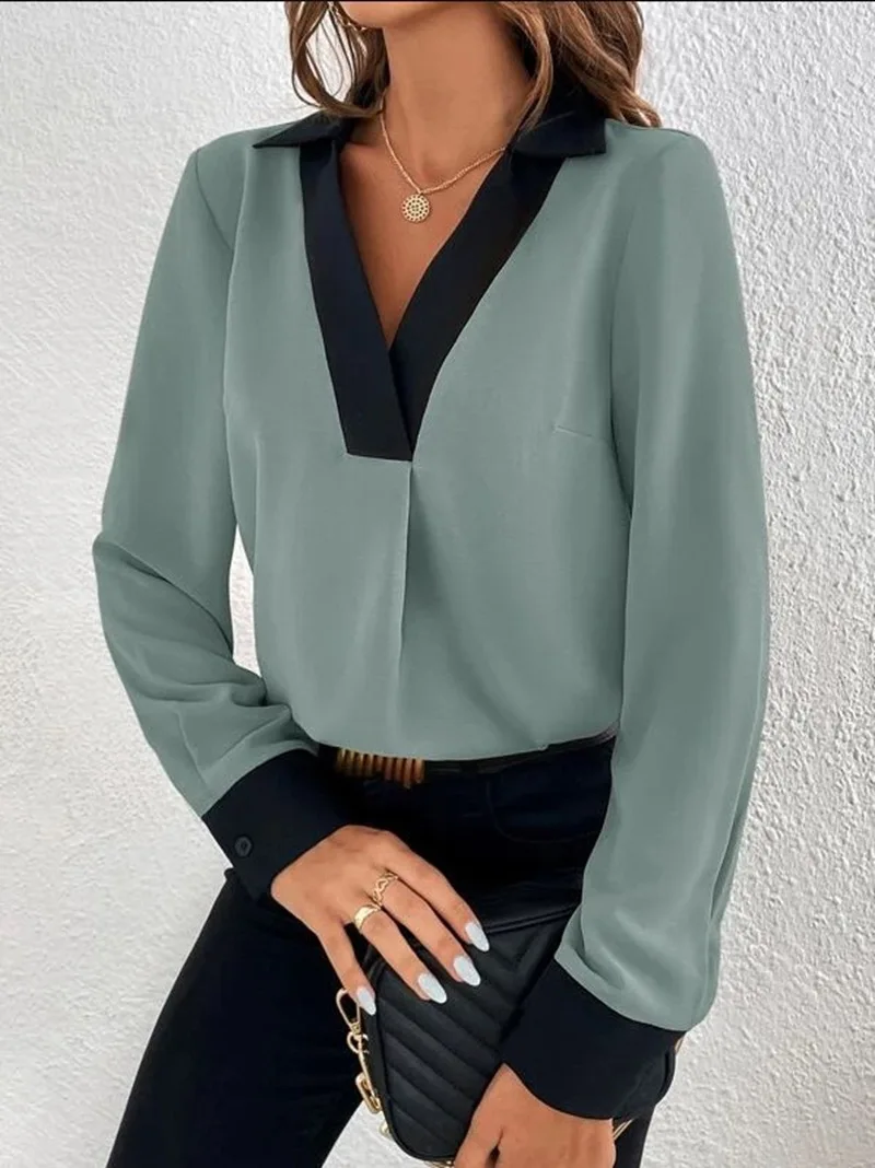 Women\'s Fashion V-neck Contrast Long Sleeve Casual Shirt 2023 Autumn/Winter New Elegant Office Lady Blouse Women Tops S-XXL