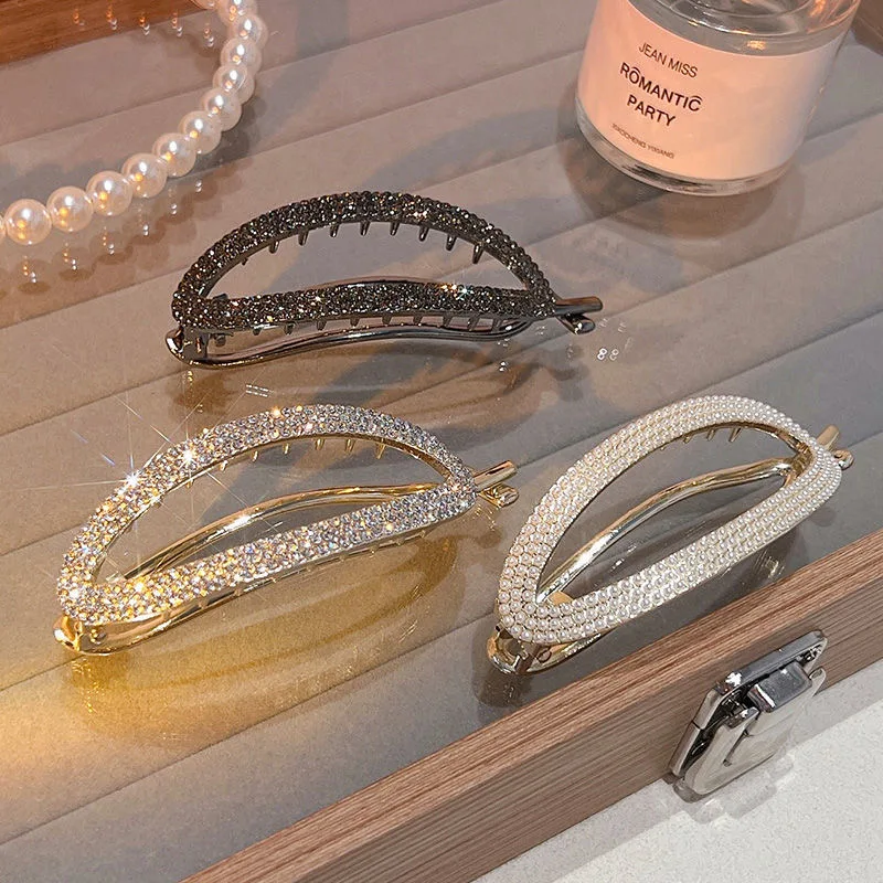 Fashion Metal Oval Rhinestone Hair Clip For Women Girls Elegant Round Sweet Crystals Hairpins Barrettes Hair Accessories