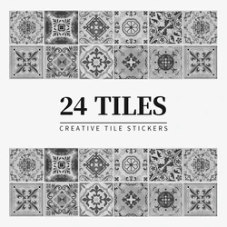 24pcs/Set Gray Moroccan Art Self-Adhesive Wall Sticker Kitchen Bathroom Decoration Vinyl Waterproof Wallpaper Home Decal