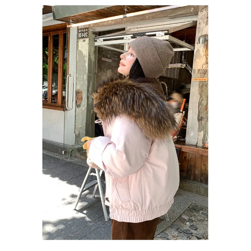 Women Big Fur Collar Winter Clothes. Down Cotton Jacket New Cotton Coat Cow Horn Buckle Short Style Overcoming Winter Cold Women