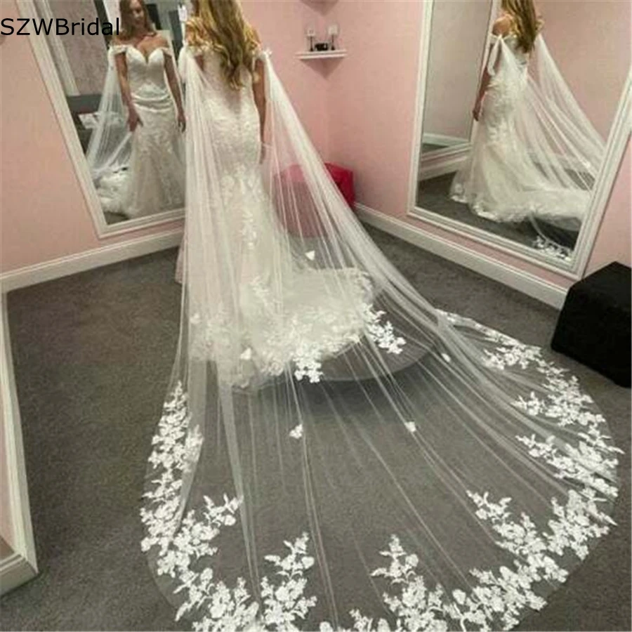 In Stock Lace Appliques Cathedral Wedding veils Boda Vestido de noiva Bride wedding accessories voile de la mariée Bridal veils