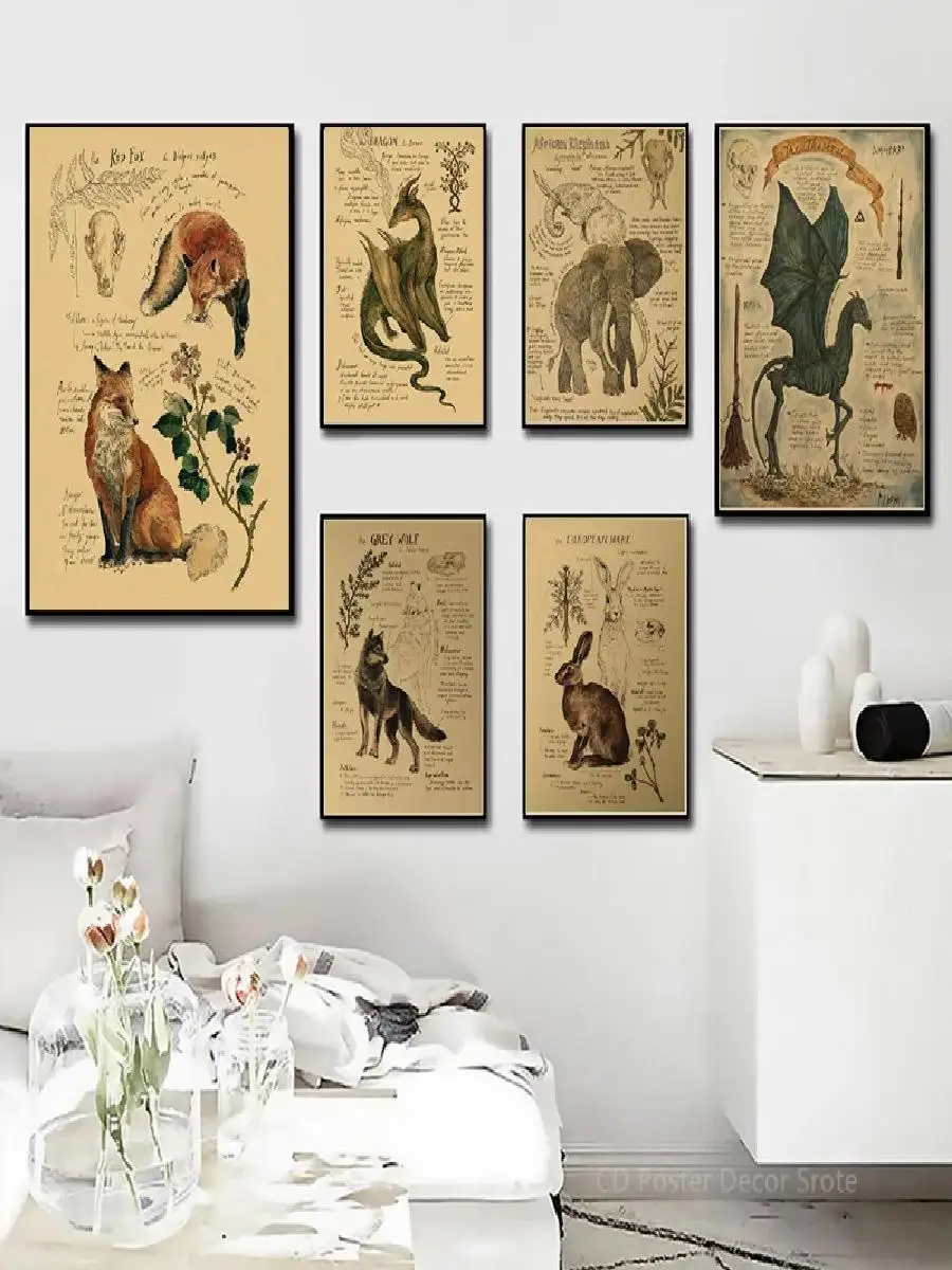 Vintage Kraft Paper Poster Prints  Red Fox Dragon Elephant Phoenix Thestral Wolf Hare  Natural Study Wall Art for Home Room Deco