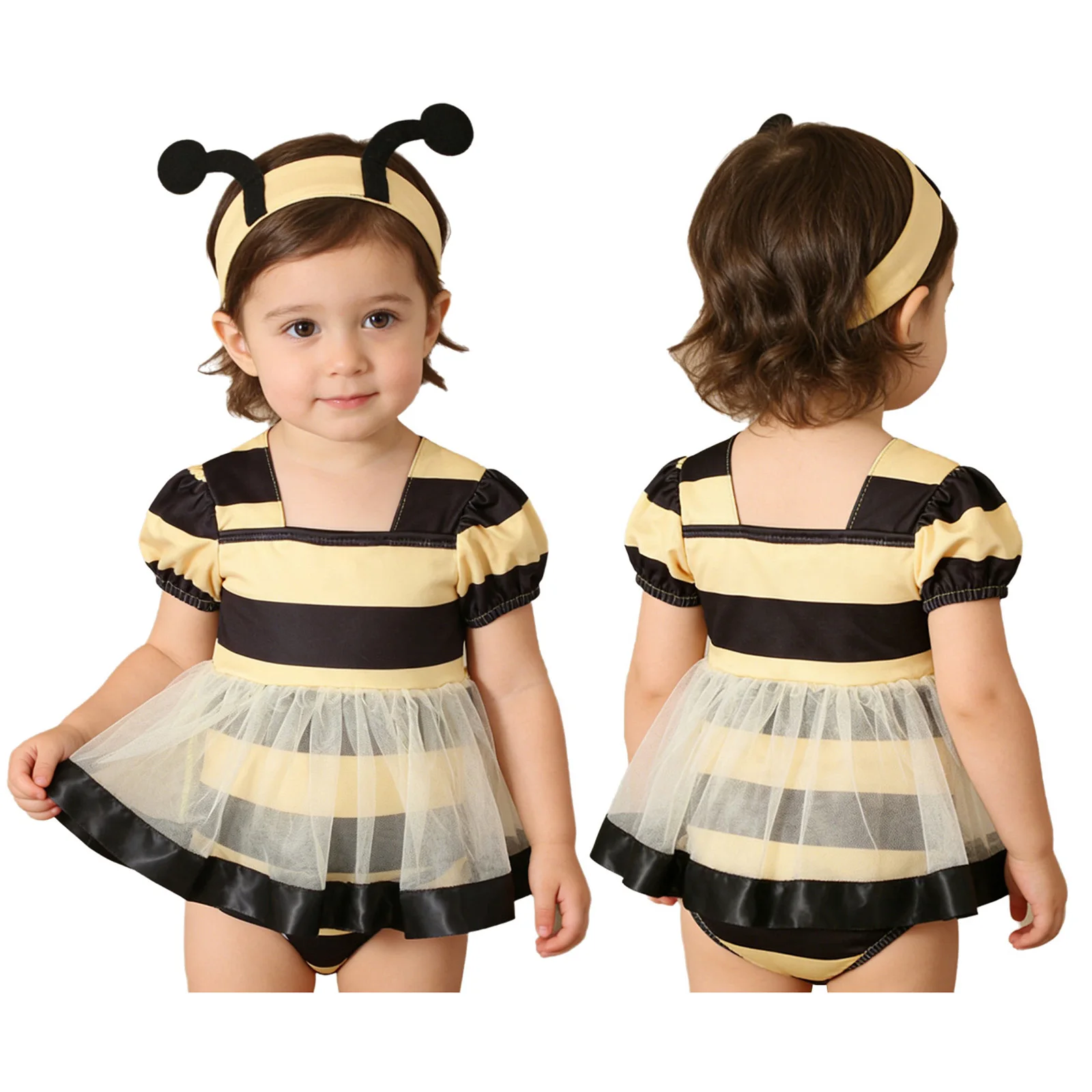 

Платье-комбинезон для маленьких девочек с короткими рукавами, полосатое, из тюля, с повязкой на голову, костюм для фотосессии на Хэллоуин, день рождения или вечеринку