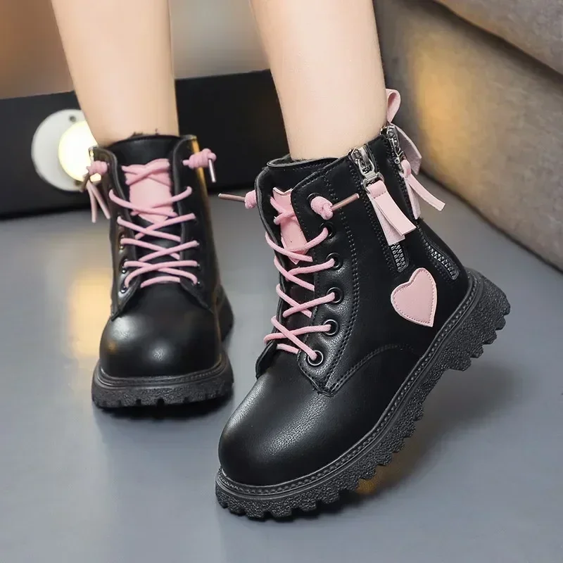 Girls Boots 2024 Autumn New Assorted Korean Style Cute Double Zip Non-slip Kids Fashion Pink Heart Versatile Child Ankle Boots