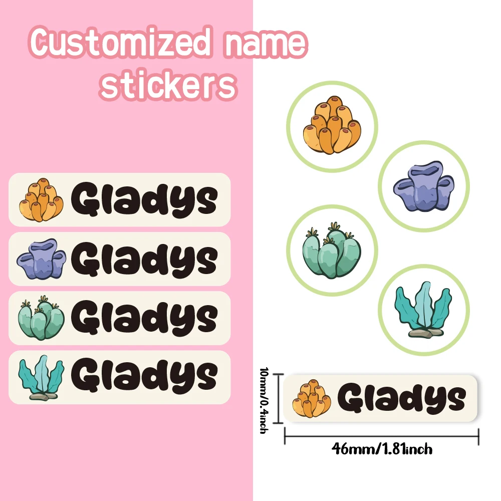Custom coral Name Sticker,Transparent Waterproof Stickers for Kids,diy Name Labels for School Bag Bottles Pen Box Mug Uniform