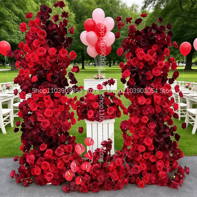 Rote, burgunderrote, schwarze Rosenblumenreihe, Blumenarrangement, Hochzeitshintergrund, KT-Board-Bogenrahmen, Dekoration für Veranstaltungen und Partys. – Detail 7