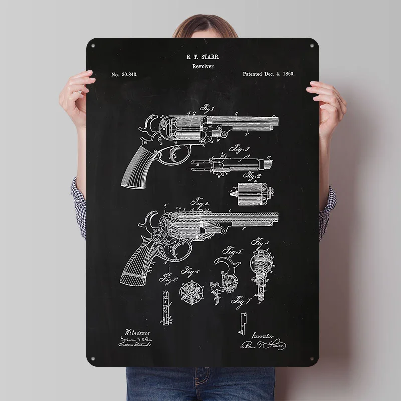 6 Revolver Patent Poster Customized Vintage Metal Signs Wall Art Retro Tin Plaque for Decoration Bedroom House Home Decorations