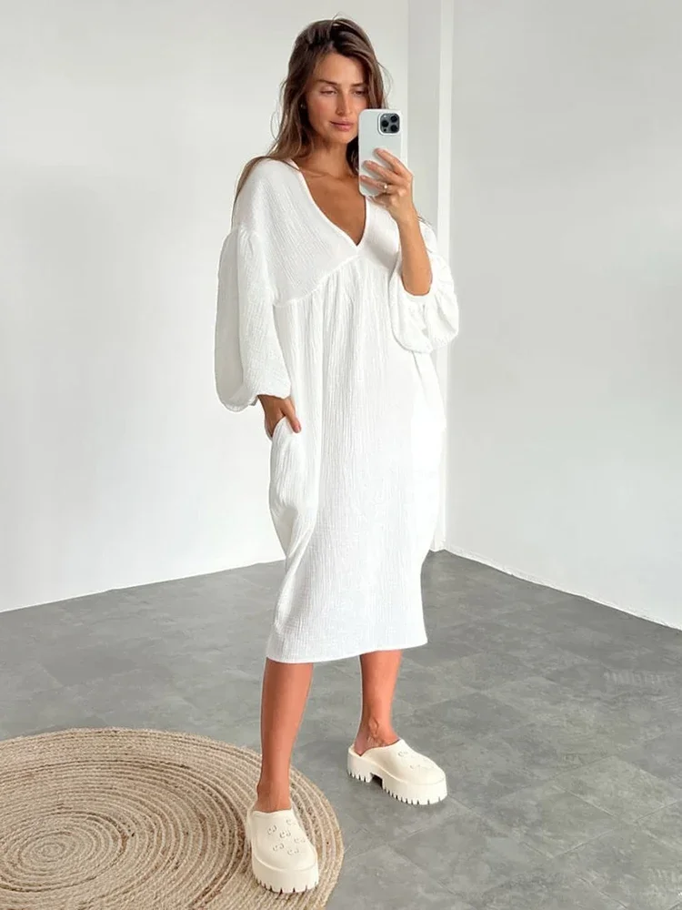 

Winter Nightwear Nightdress Sleeve Dress Mid-Calf Solid Cotton V-Neck Women Dresses Night Lantern Woman Nightgown Color