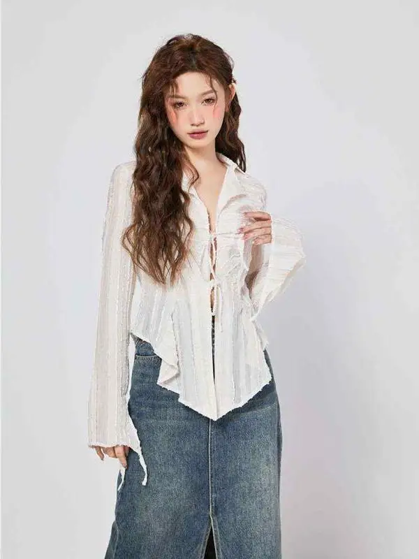 

Spring New Fem Design Sense White Long Sve irt Commute Sle Rba Collar Cotton Blend Thin Warmth