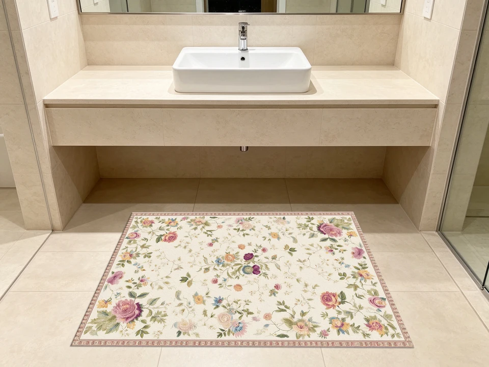 Soft Off White Velvet Floral Area Rug