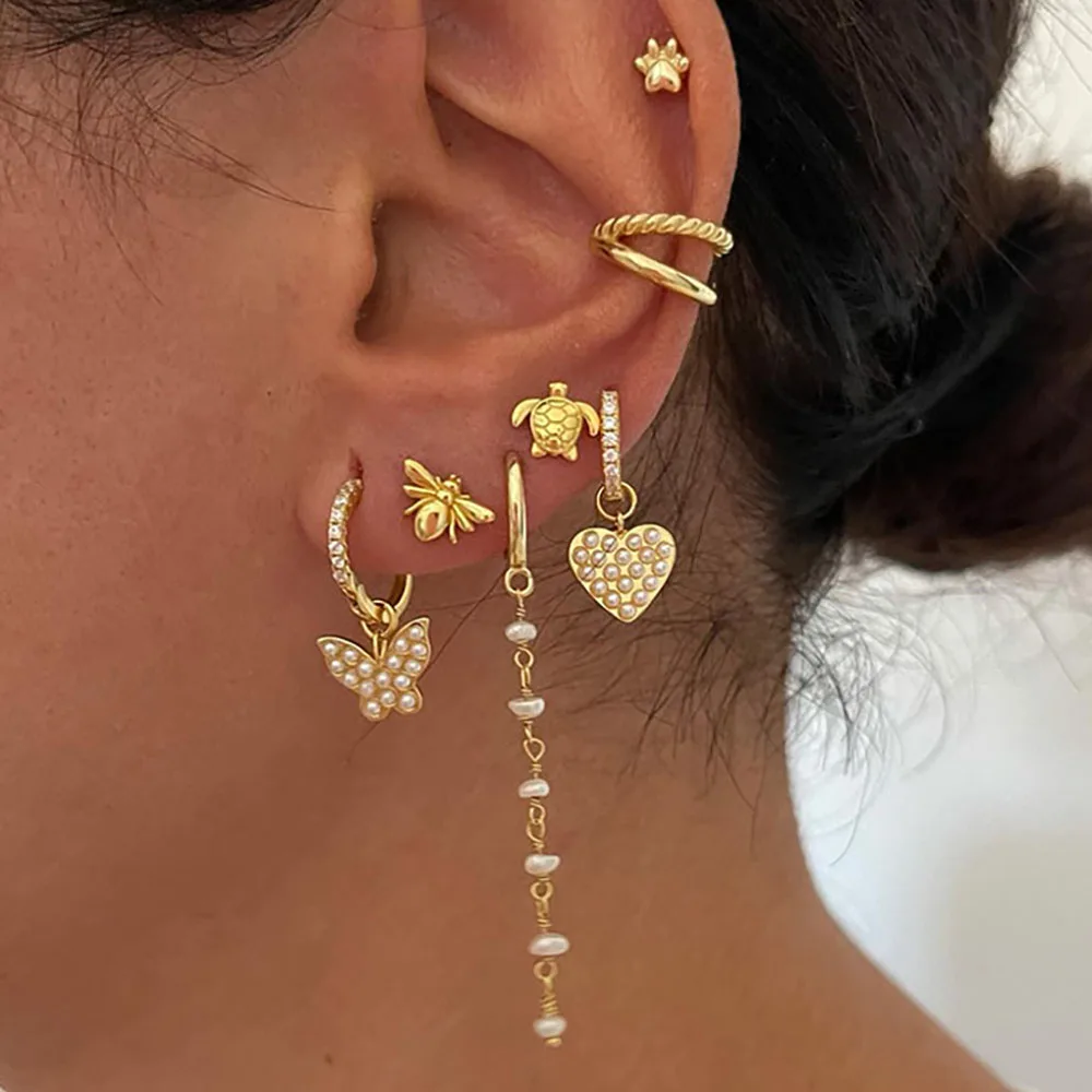 Vintage Gold Silver Color Turtle Paw Bee Earrings For Women Stainless Steel Heart Butterfly Dangle Earring Piercing Jewelry