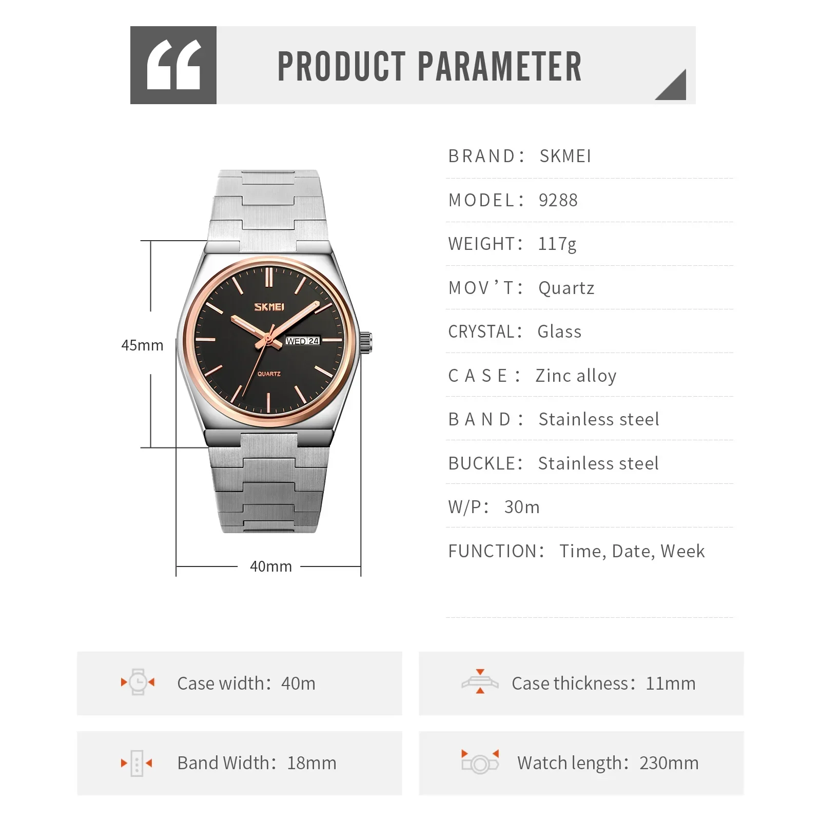 Skmei 9288 Luxury Quartz Watch for Men Stainless Steel Time Week Date Clock Reloj Hombre Sport Waterproof Wristwatches Mens 2049