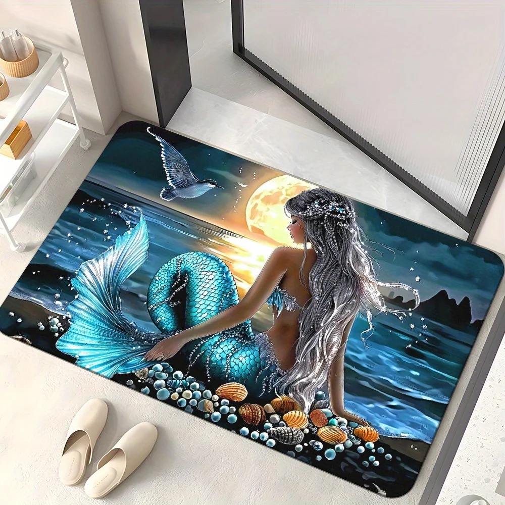 Mermaid Fantasy Doormat 1pc – Blue Ocean Moonlight Scene with Seashells, Magical Art Floor Mat for Entryway and Bedroom