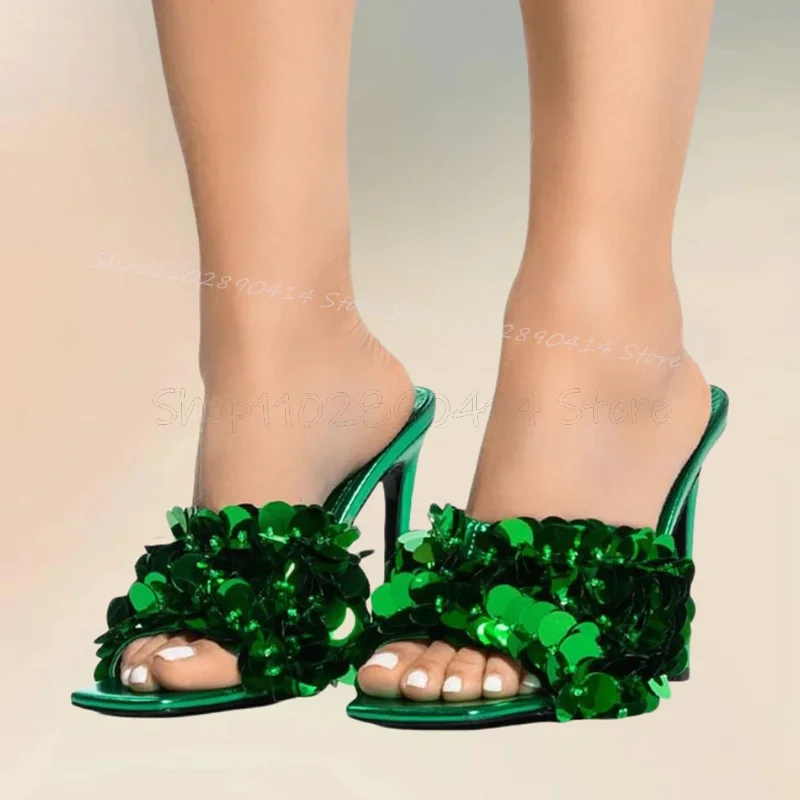 

Green Sequins Decor Open Toe Slippers Slip On Women Shoes Thin High Heels Fashion Party Feast Banquet 2025 Zapatos Para Mujere