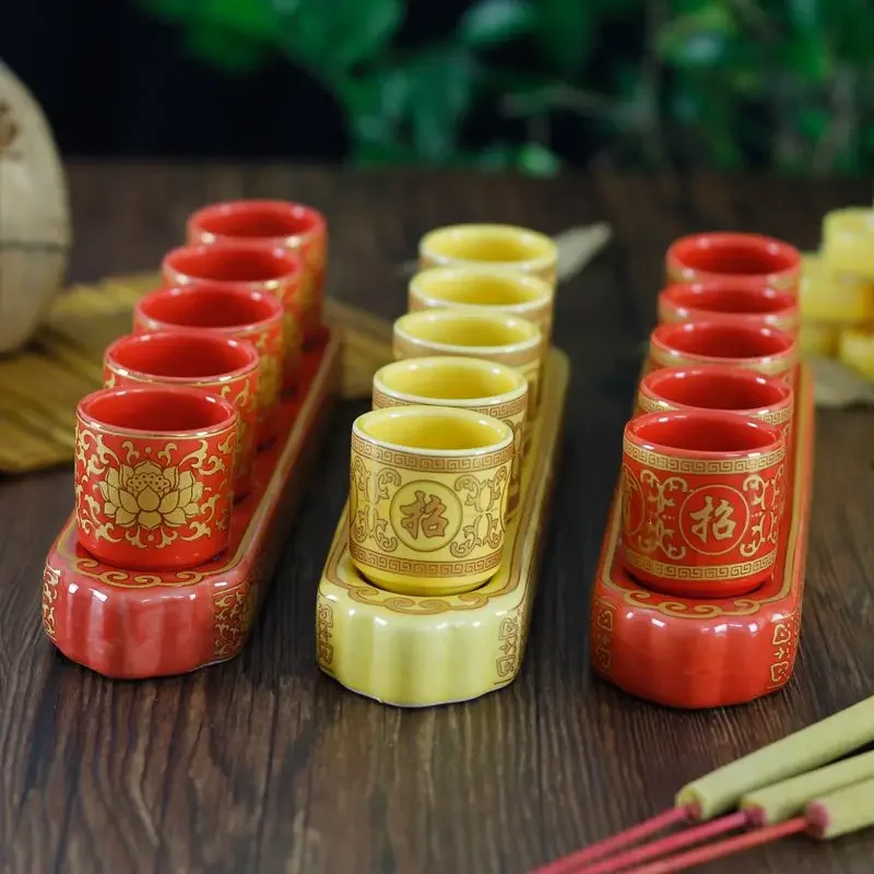 3 Altar Cups Set/5 Altar Cups Set, Ceramic Holy Water Offering Cup, Tibetan Buddhist Worship Cup (Red /Yellow)