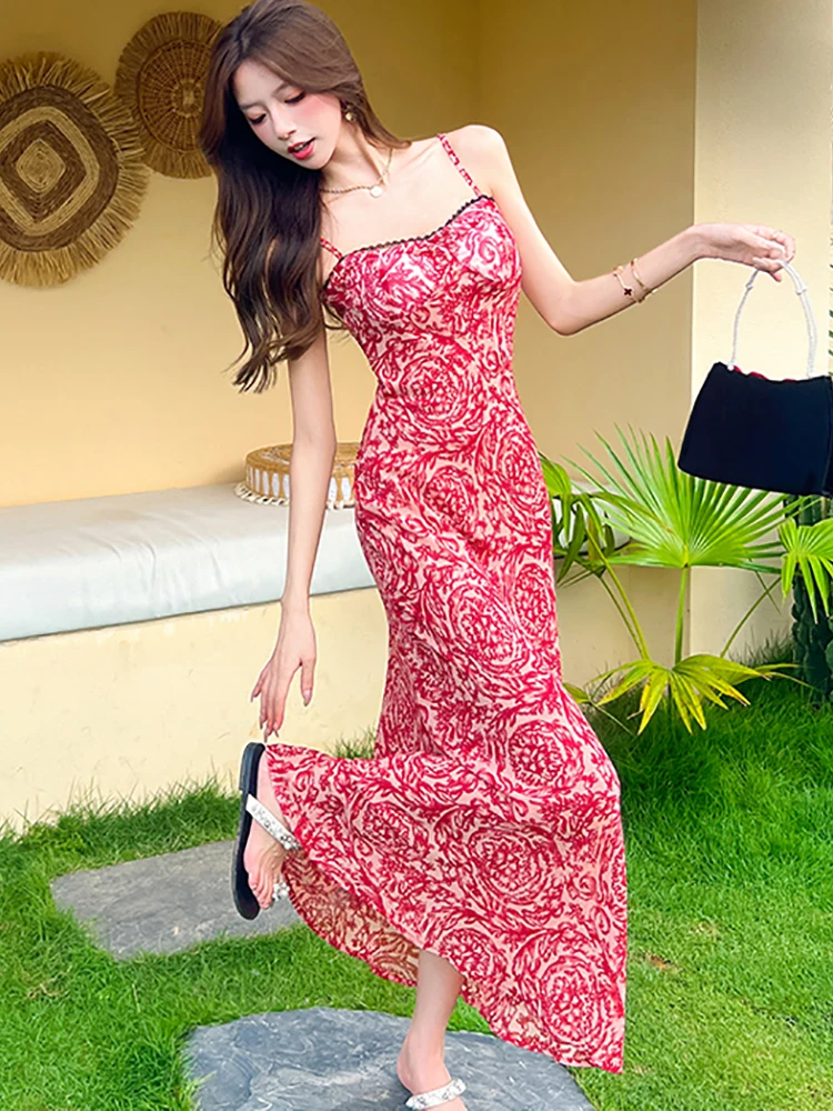 Damska Czerwona Sukienka Bodycon w Kwiaty, Elegancka Sukienka na Ramiączkach, Seksowna Długa Sukienka 2025 Koreański Vintage Luksusowa Sukienka na Bal Maturalny Letnia Elegancka Sukienka na Imprezę i Wydarzenia