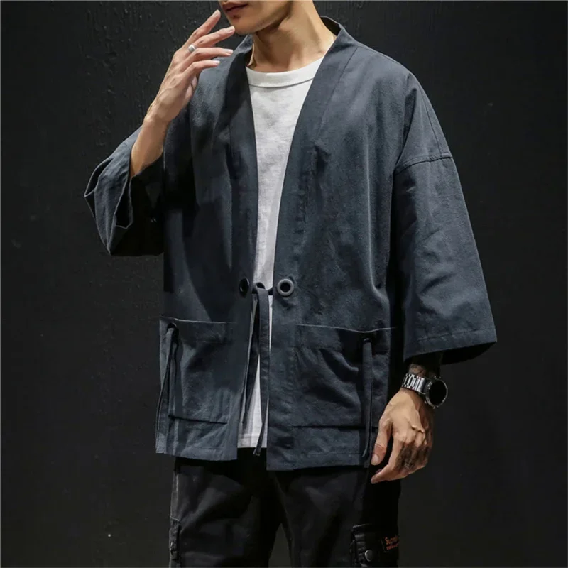 Japanese Fashion Kimono Cardigan Traditional Linen Shirts Men Basic Solid Color Samurai Costume Male Streetwear Yukata Haori MN1