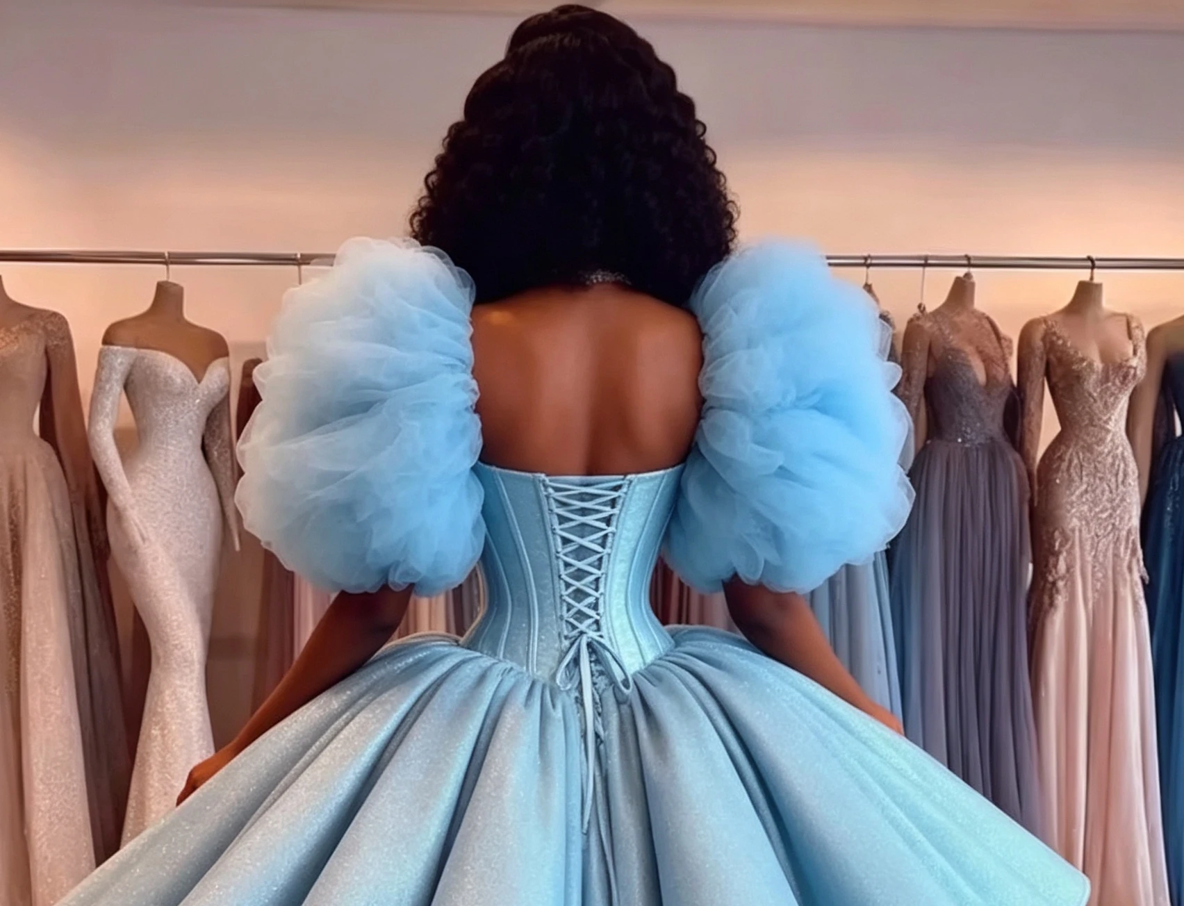 Light Blue High Low Prom Dress Sweetheart Puffy Tulle Sleeves Beaded Corset Ruffle Satin African Women Evening Gown Customized