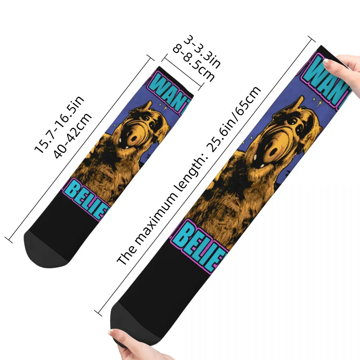 Funny Happy Sock for Men I Want To Believe Harajuku ALF The Animated Series Quality Pattern Printed Crew Sock Seamless Gift