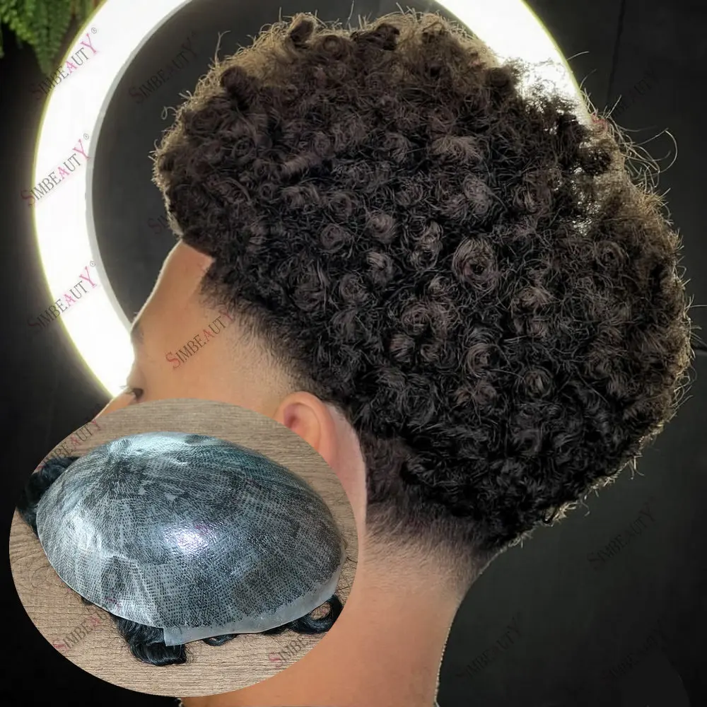 12MM Afro Curly 100% Human Hair Wigs Thin Skin Full Pu Men's Toupee Durable Replacement System Pieces For Men Prosthesis 7x9