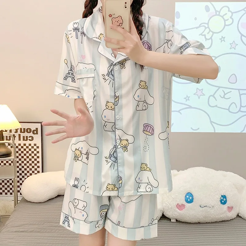 2024 Kawaii Crayon Shin-Chans French Ice Silk Pajamas Leisure Breathable Anime Comfortable Cool Home Clothing Set For Girls