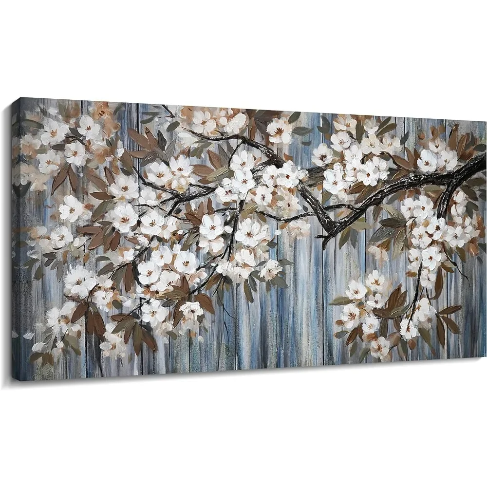 Large Canvas Wall Art for Living Room, Abstract White Flower, Tree with Gray Driftwood Picture, Modern Framed Things, Wall Decor