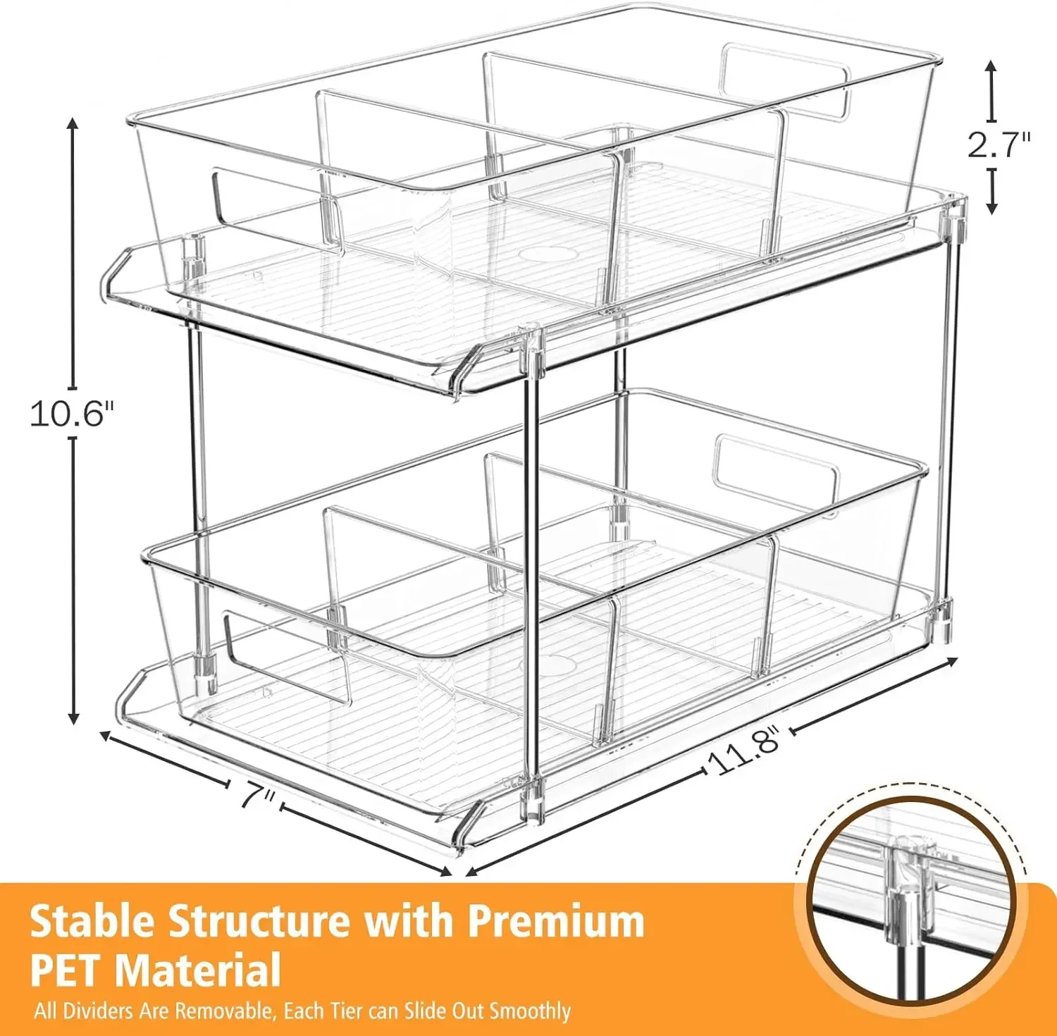 Pull-out Home Organizer, 3 Pack 2 Tier Clear Bathroom Organizer with Dividers, Multipurpose Vanity Counter Tray, Kitchen,