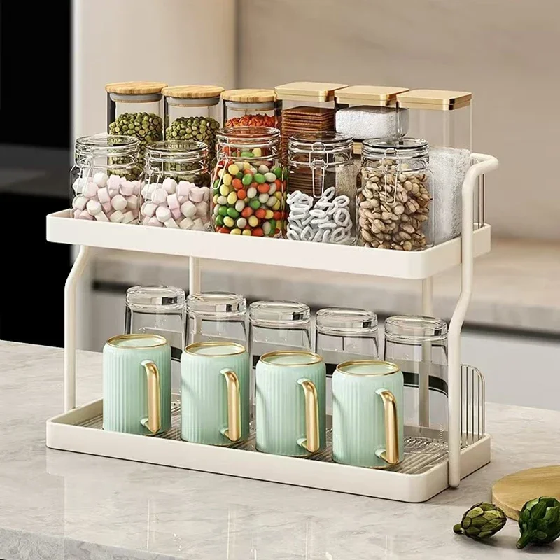 2025 Dual Layer Large Capacity Condiment Container Organizer for Countertop Multifunctional Kitchen Spice Storage Rack