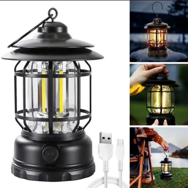 2Pack Camping Lantern USB Rechargeable Battery Powered Retro Camping Light Waterproof Hanging LED Tent Lamp for Hiking Fishing