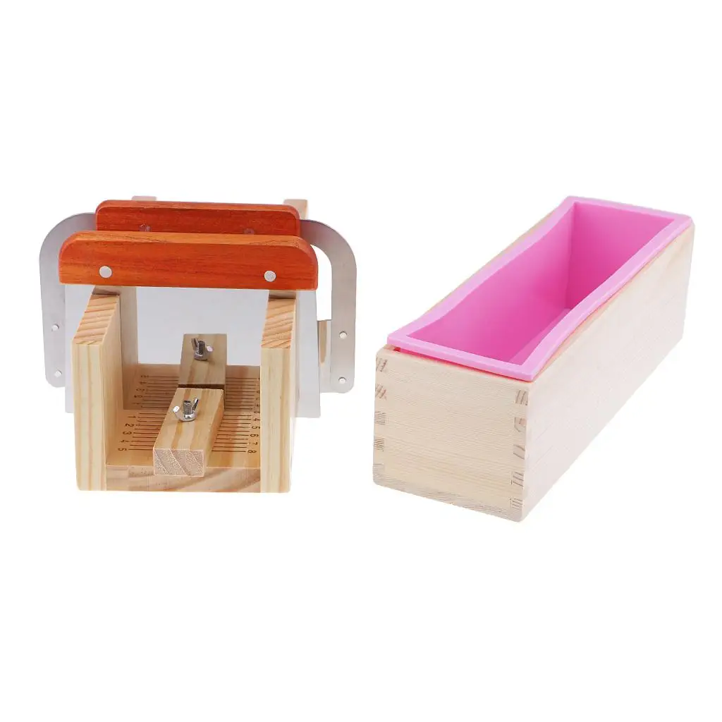 Wooden Soap Loaf Cutter + 2 Pieces Stainless Steel + Rectangle Silicone with DIY Soap Making Supplies